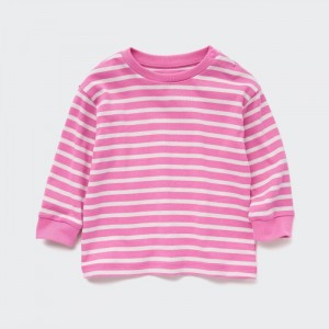 Uniqlo Baumwoll Gestreift Crew Neck Long-Sleeve T-Shirt Baby Rosa | OCJU-40132