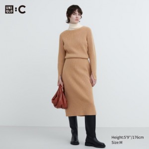 Uniqlo Boots Neck Long-Sleeve Knit Kleid Damen Beige | MTPD-24697