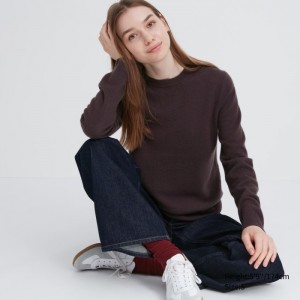 Uniqlo Cashmere Crew Neck Long-Sleeve Pullover Damen Dunkelbraun | CEOA-05287