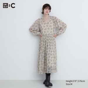 Uniqlo Chiffon Falten Long-Sleeve Kleid Damen Weiß | QSYD-84295