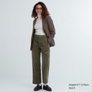 Uniqlo Corduroy Weite-Fit Falten Hose Damen Olivgrün | TUPH-40179