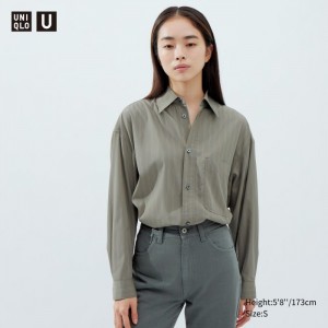 Uniqlo Draped Gestreift Long-Sleeve Hemd Damen Olivgrün | XTIN-05964