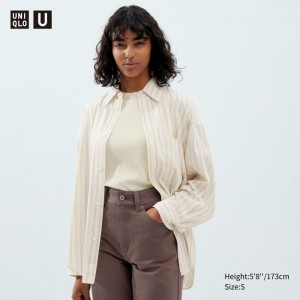 Uniqlo Draped Gestreift Long-Sleeve Hemd Damen Natural | VBNJ-16504