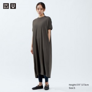 Uniqlo Draped Kurzes-Sleeve Kleid Damen Olivgrün | BQJK-31942