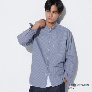 Uniqlo Extra Fine Baumwoll Broadcloth Checked Casual Shirts Damen Blau | KTAF-98170