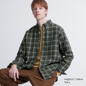 Uniqlo Extra Fine Baumwoll Broadcloth Checked Casual Shirts Damen Olivgrün | CDWQ-91532