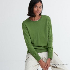 Uniqlo Extra Fine Merino Crew Neck Long-Sleeve Pullover Damen Grün | EIOV-84907