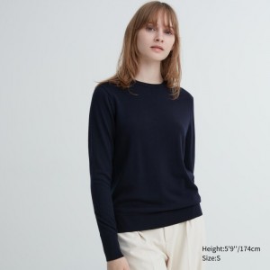 Uniqlo Extra Fine Merino Crew Neck Long-Sleeve Pullover Damen Navy | QPTB-48016