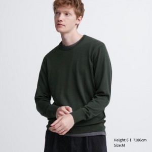 Uniqlo Extra Fine Merino Crew Neck Long-Sleeve Pullover Herren Olivgrün | CEYI-51679