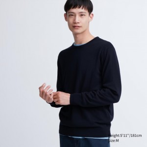 Uniqlo Extra Fine Merino Crew Neck Long-Sleeve Pullover Herren Navy | GUAK-85672