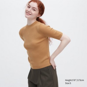 Uniqlo Extra Fine Merino Gerippt Mock Neck Half-Sleeve Pullover Damen Beige | JSFC-13982