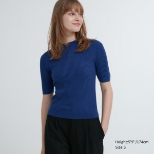 Uniqlo Extra Fine Merino Gerippt Mock Neck Half-Sleeve Pullover Damen Blau | GNKS-89216