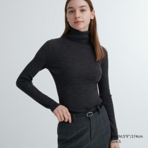 Uniqlo Extra Fine Merino Gerippt Turtleneck Long-Sleeve Pullover Damen Dunkelgrau | DVNM-93458