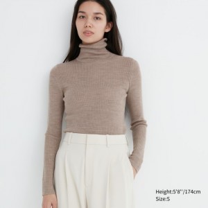 Uniqlo Extra Fine Merino Gerippt Turtleneck Long-Sleeve Pullover Damen Beige | ZBMI-03768