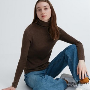 Uniqlo Extra Fine Merino Gerippt Turtleneck Long-Sleeve Pullover Damen Dunkelbraun | JZKI-40691