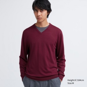 Uniqlo Extra Fine Merino V-Neck Long-Sleeve Pullover Damen Wine | DYXI-79042