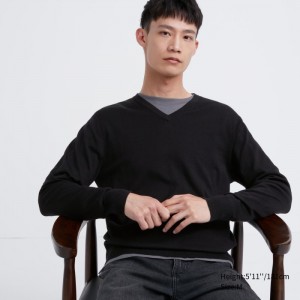 Uniqlo Extra Fine Merino V-Neck Long-Sleeve Pullover Herren Schwarz | VQCD-75261