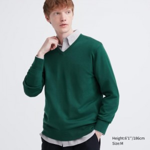 Uniqlo Extra Fine Merino V-Neck Long-Sleeve Pullover Damen Grün | ROKI-18347