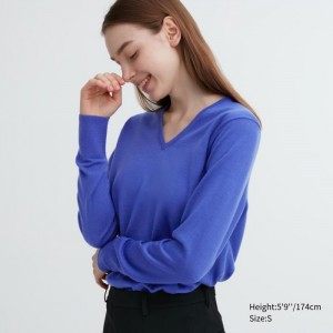 Uniqlo Extra Fine Merino V-Neck Long-Sleeve Pullover Damen Blau | POCN-97012