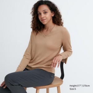 Uniqlo Extra Fine Merino V-Neck Long-Sleeve Pullover Damen Beige | YSXJ-91532