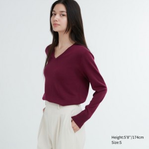 Uniqlo Extra Fine Merino V-Neck Long-Sleeve Pullover Damen Wine | IGXF-96134