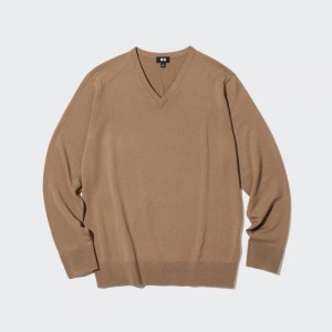 Uniqlo Extra Fine Merino V-Neck Long-Sleeve Pullover Damen Beige | HBQO-14062