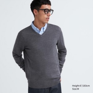 Uniqlo Extra Fine Merino V-Neck Long-Sleeve Pullover Herren Grau | HAUW-95273