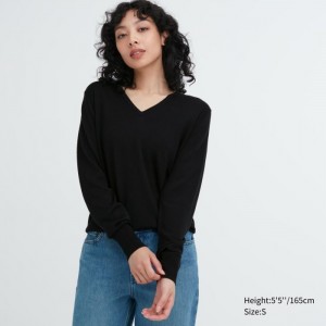 Uniqlo Extra Fine Merino V-Neck Long-Sleeve Pullover Damen Schwarz | PBJS-91408