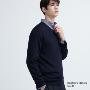 Uniqlo Extra Fine Merino V-Neck Long-Sleeve Pullover Herren Navy | TMEP-53849