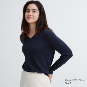 Uniqlo Extra Fine Merino V-Neck Long-Sleeve Pullover Damen Navy | PYEA-08465