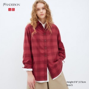 Uniqlo Flannel Checked Long-Sleeve Long Hemd Damen Wine | VMBC-09351