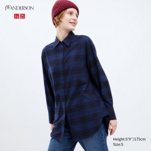 Uniqlo Flannel Checked Long-Sleeve Long Hemd Damen Navy | SZAC-59263