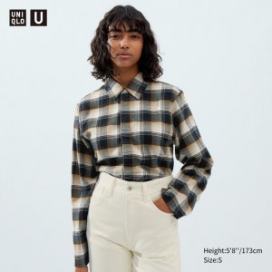 Uniqlo Flannel Long-Sleeve Hemd Damen Beige | GNZK-47651