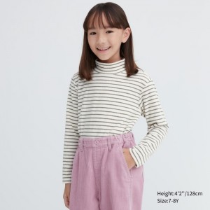 Uniqlo Gerippt Fleece Gestreift High Neck Long-Sleeve T-Shirt Kinder Weiß | XHRC-65987