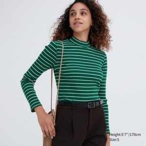 Uniqlo Gerippt Gestreift High Neck Long-Sleeve T-Shirt Damen Grün | TZCK-83167