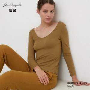 Uniqlo HEATTECH Ballet Neck Long-Sleeve (Silk Blend) T-Shirt Damen Braun | VGES-12706