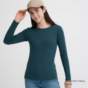 Uniqlo HEATTECH Baumwoll Crew Neck Long-Sleeve T-Shirt (Extra Warm) Undershirts Damen Dunkelgrün | RMHN-15380