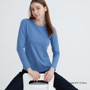 Uniqlo HEATTECH Baumwoll Crew Neck Long-Sleeve T-Shirt (Extra Warm) Undershirts Damen Blau | UFIM-70182