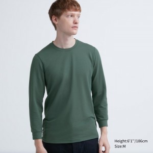 Uniqlo HEATTECH Baumwoll Crew Neck Long-Sleeve T-Shirt (Extra Warm) Undershirts Herren Olivgrün | QTDU-42301