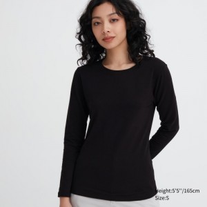 Uniqlo HEATTECH Baumwoll Crew Neck Long-Sleeve T-Shirt (Extra Warm) Undershirts Damen Schwarz | DUWK-40158