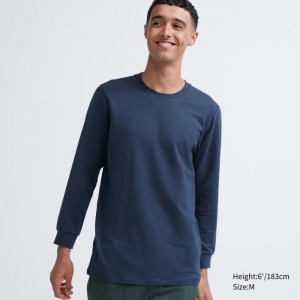 Uniqlo HEATTECH Baumwoll Crew Neck Long-Sleeve T-Shirt (Extra Warm) Undershirts Herren Blau | LPYX-38241