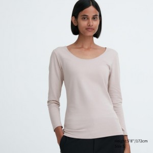 Uniqlo HEATTECH Baumwoll Scoop Neck Long-Sleeve T-Shirt (Extra Warm) Undershirts Damen Hellgrau | HJUL-06257