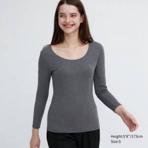 Uniqlo HEATTECH Baumwoll Scoop Neck Long-Sleeve T-Shirt (Extra Warm) Undershirts Damen Dunkelgrau | YSMT-21945