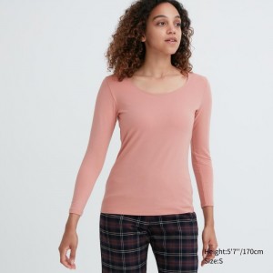 Uniqlo HEATTECH Baumwoll Scoop Neck Long-Sleeve T-Shirt (Extra Warm) Undershirts Damen Rosa | FRQG-32764