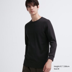 Uniqlo HEATTECH Baumwoll Waffle Crew Neck Long-Sleeve (Extra Warm) T-Shirt Herren Schwarz | YMXR-26170