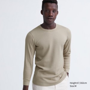 Uniqlo HEATTECH Baumwoll Waffle Crew Neck Long-Sleeve (Extra Warm) T-Shirt Herren Beige | ZONB-52318