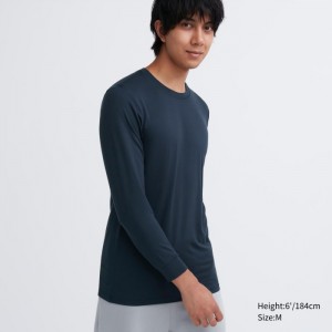 Uniqlo HEATTECH Crew Neck Long-Sleeve (2022 Edition) T-Shirt Herren Navy | UDGZ-65179