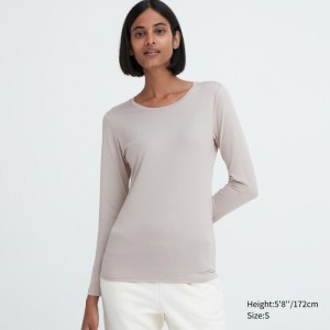 Uniqlo HEATTECH Crew Neck Long-Sleeve T-Shirt Damen Dunkelgrau | CNVE-60713