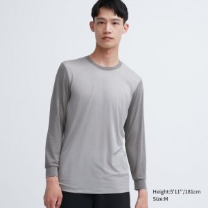 Uniqlo HEATTECH Crew Neck Long-Sleeve T-Shirt (Color Block) Undershirts Herren Grau | DKGI-64731