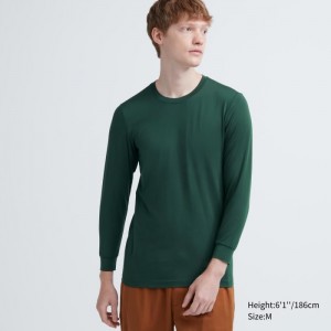 Uniqlo HEATTECH Crew Neck Long-Sleeve T-Shirt Undershirts Herren Dunkelgrün | BNPE-47825